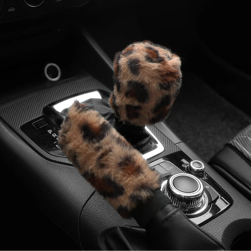 Car handbrake and gear shift cover with leopard print design