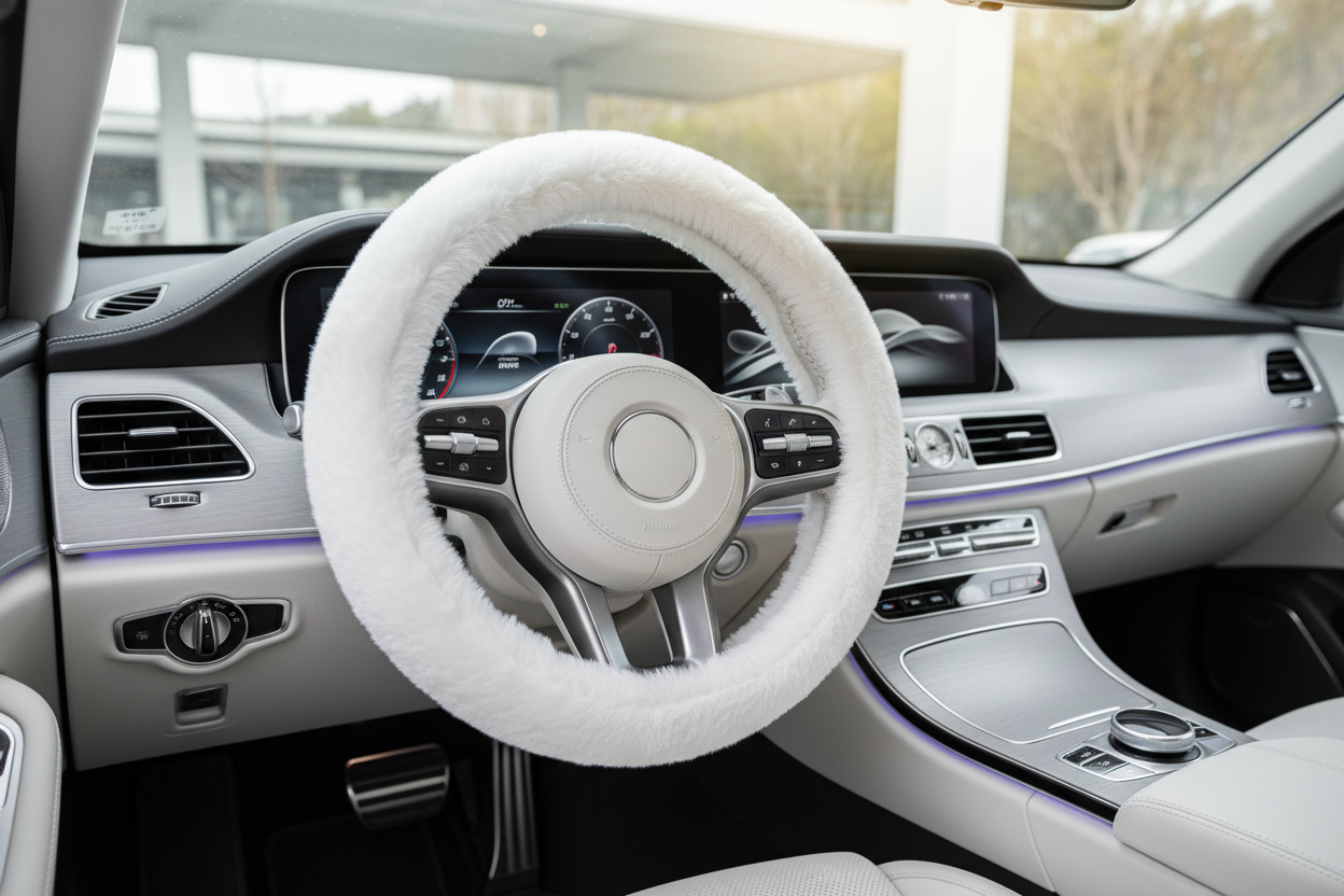aesthetic Fluffy Steering Wheel Cover in a car with silver and white background
