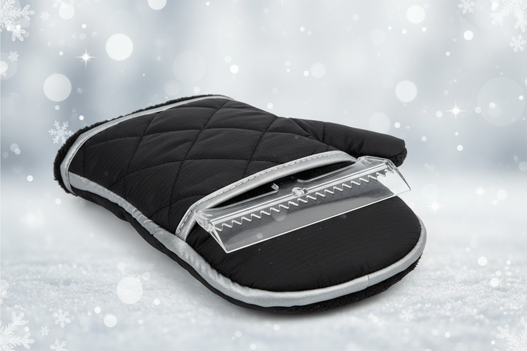 Insulated Windshield Ice Scraper Mitt that look aesthetic with silver and white background depicting snow